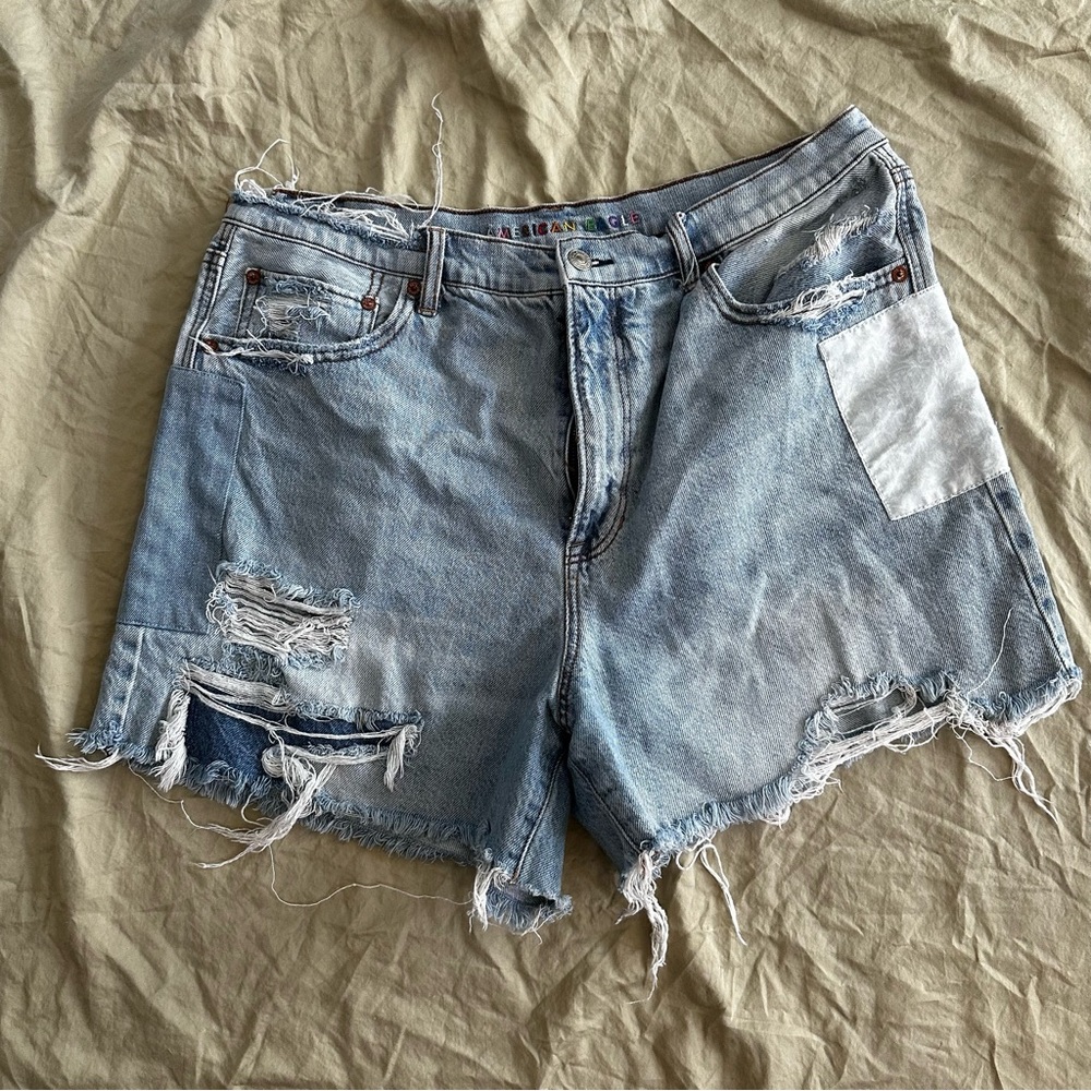 Plus American Eagle Outfitters Rainbow Branded Light Blue Distressed Jean Shorts